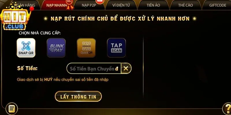 Giao diện sảnh thanh toán chuyên nghiệp, trực quan tại Hitclub